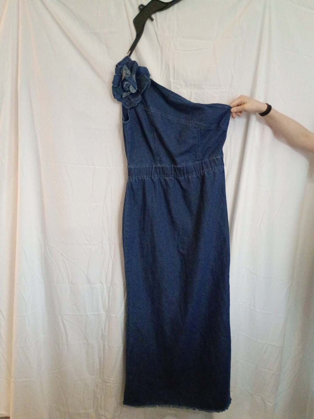 Oyrosy Women One-Shoulder 3D Floral Denim Maxi Dress